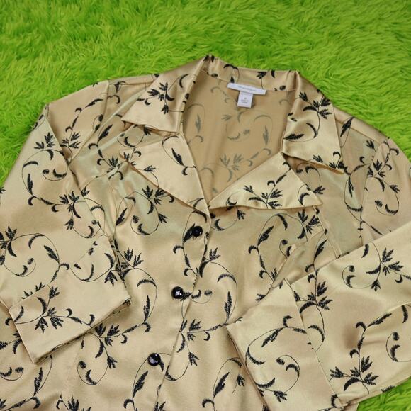 Dressbarn Satin Gold and Black Button Up Blouse, M - Picture 3 of 9